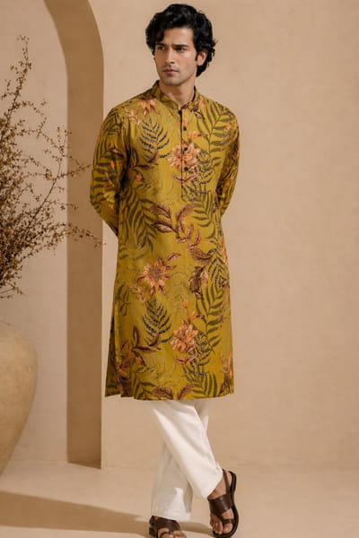 Mayank Modi Mustard floral and fern print kurta set MAYAAUG26D151621