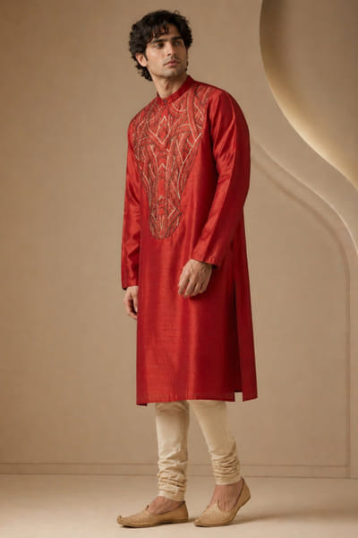 Mayank Modi Rust orange thread embroidered kurta set MAYAAUG26D151623