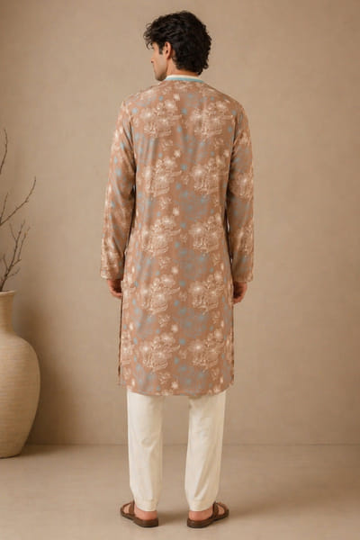 Mayank Modi Brown-blue floral print embroidered kurta set MAYAAUG26D151624