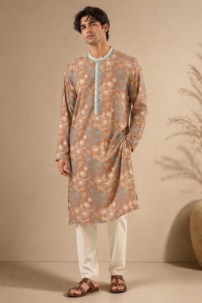 Mayank Modi Brown-blue floral print embroidered kurta set MAYAAUG26D151624