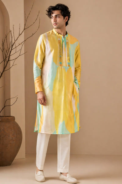 Mayank Modi Yellow and blue printed kurta set MAYAAUG26D151625