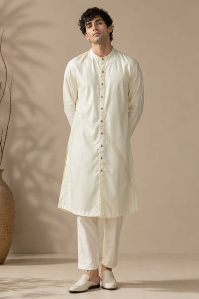 Mayank Modi Beige bemberg silk kurta set MAYAAUG26D151626