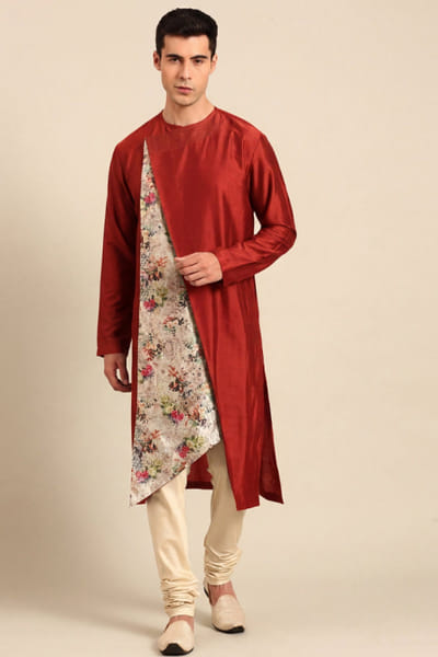 Mayank Modi Orange botanical printed chanderi kurta set MAYAAUG26D151627