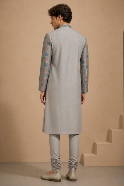 Mayank Modi Blue and grey printed double layer kurta set MAYAAUG26D151628