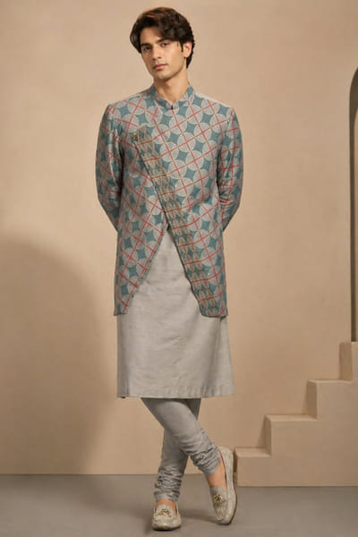 Mayank Modi Blue and grey printed double layer kurta set MAYAAUG26D151628