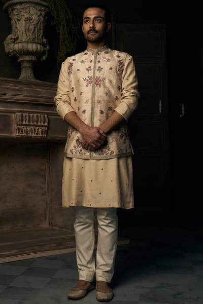 Matsya Beige resham aari embroidered Nehru jacket set MATSMAY26D144446