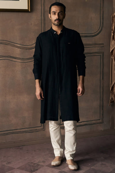 Matsya Black-white matka silk kurta set MATSMAY26D144440