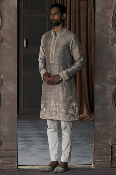 Matsya Grey resham aari-zardozi embroidered kurta set MATSMAY26D144443