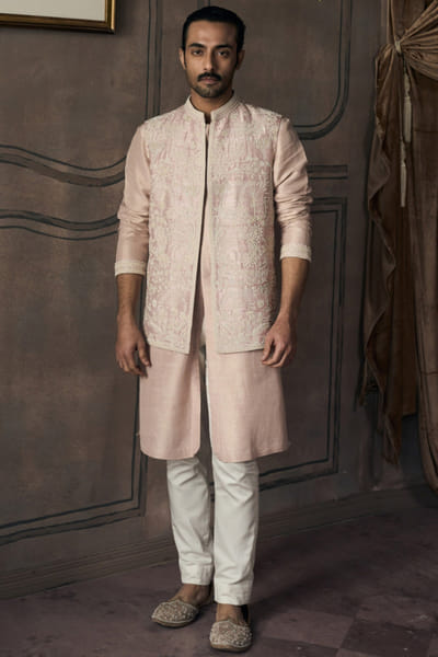 Matsya Peach aari-zardozi embroidered open jacket set MATSMAY26D144442