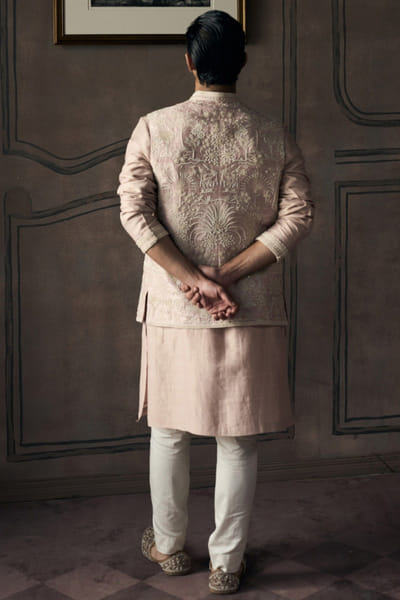 Matsya Peach aari-zardozi embroidered open jacket set MATSMAY26D144442