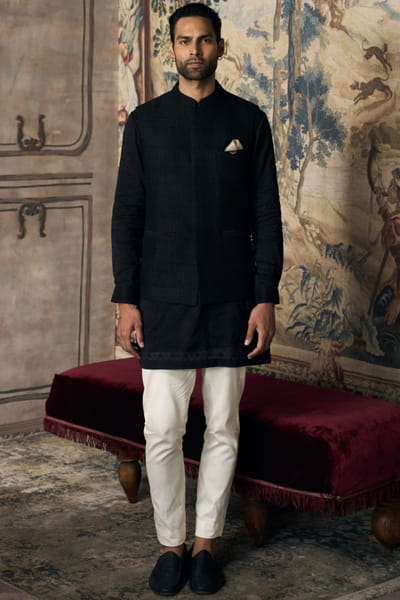 Matsya Black raw silk textured Nehru jacket set MATSMAY26D144441