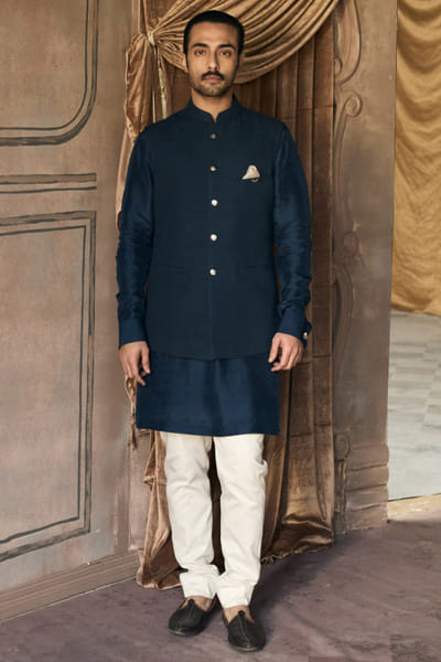 Matsya Blue silk Nehru jacket set MATSMAY26D144438