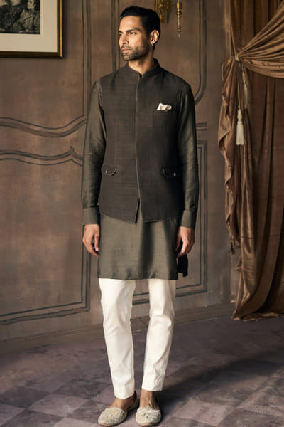 Matsya Brown silk Nehru jacket set MATSMAY26D144437
