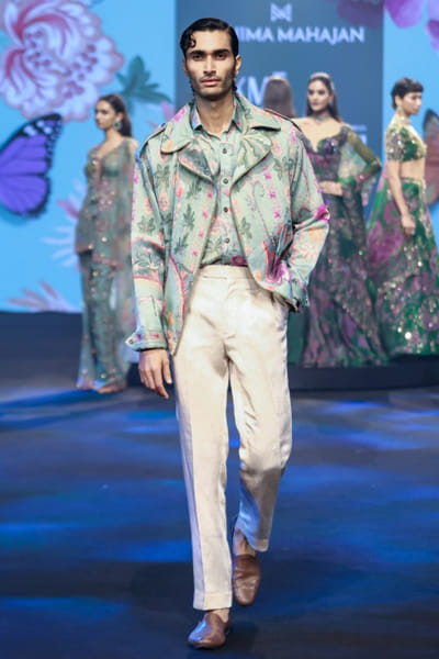 Jade green floral printed-pintuck jacket set