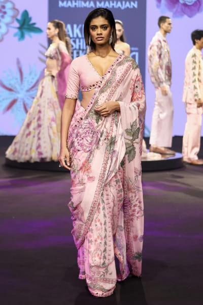 Blush pink hand embroidery pre-draped sari set