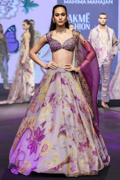 Steel lilac floral hand embroidery lehenga set