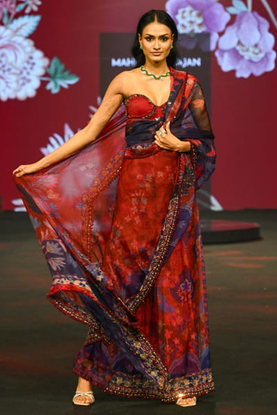 Royal red embroidered corset-draped sari set