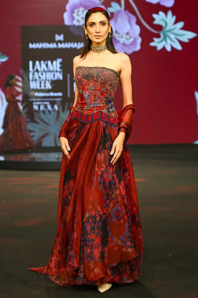 Royal red embroidered corset-draped skirt set