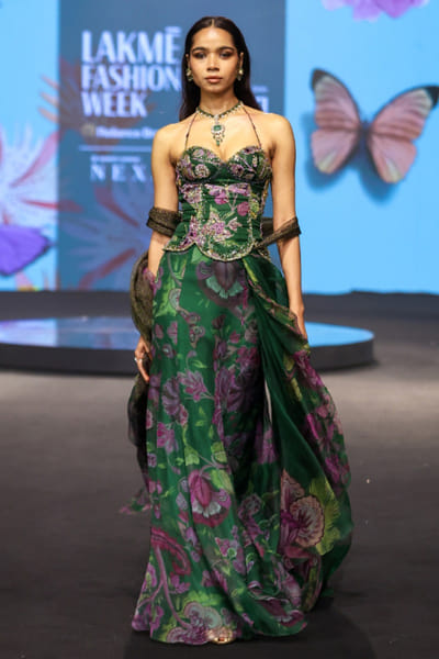 Forest green embroidery corset-drape skirt set