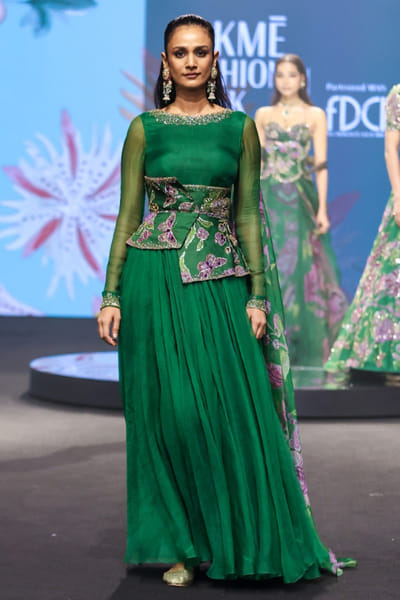 Forest green embroidered corset anarkali set