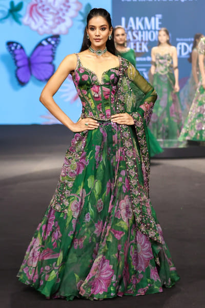 Forest green embroidered corset lehenga set