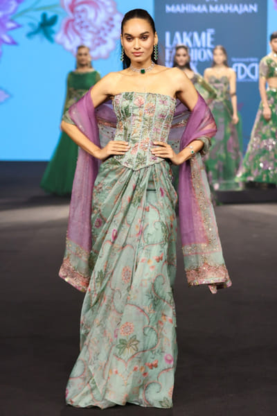 Green embroidered corset and draped skirt set