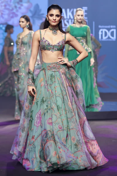 Jade green floral embroidered lehenga set