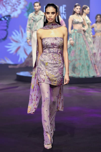 Steel lilac hand embroidered tube-tunic set