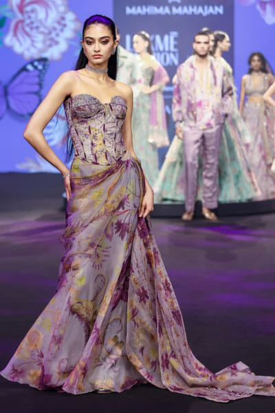 Steel lilac embroidery corset-draped skirt set