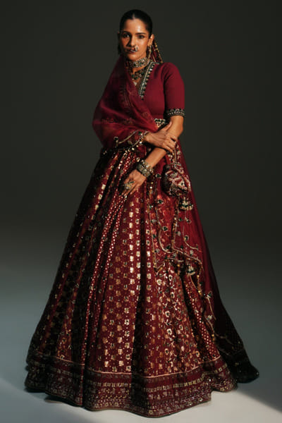 Sindoori red hand embroidered lehenga set