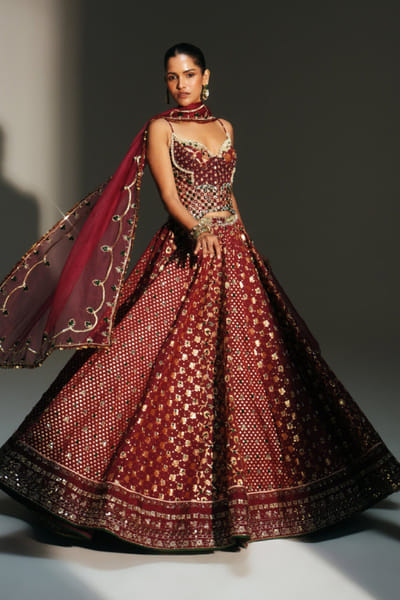 Sindoori red hand-embroidery lehenga set