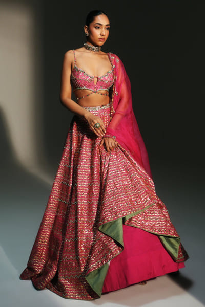 Rani pink hand embroidery lehenga set