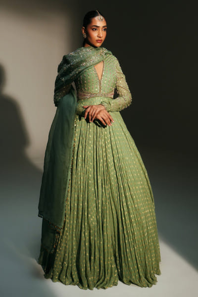 Pista green hand embroidered anarkali set