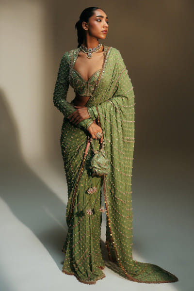 Pista green embroidered pre-draped sari set