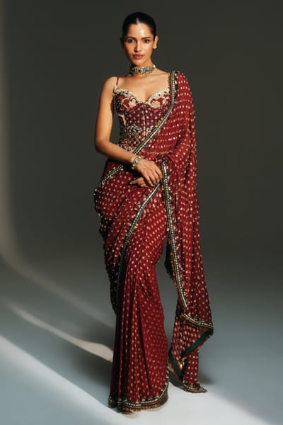 Sindoori red embroidered pre-draped sari set