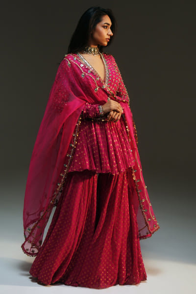 Rani pink hand-embroidered sharara set