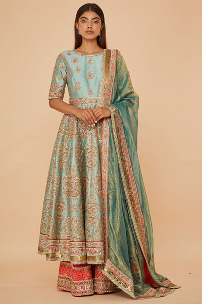 Green embroidered anarkali set