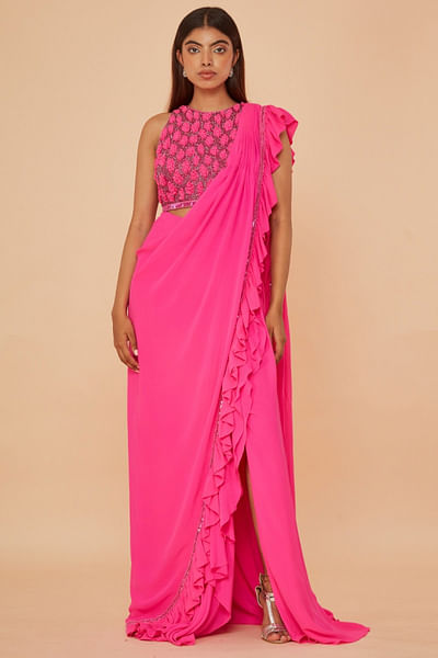 Pink ruffle sari set