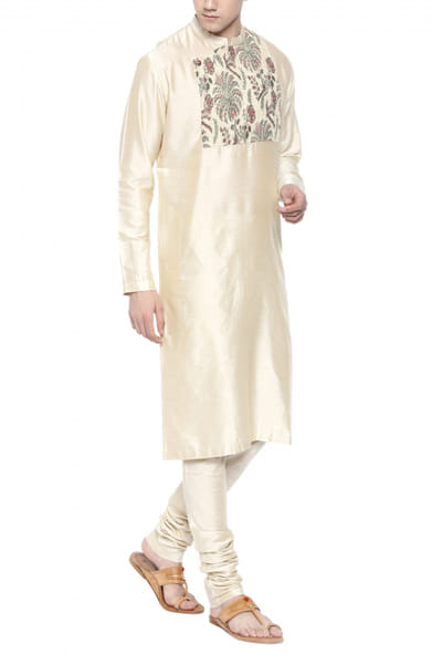 Beige chanderi printed kurta set
