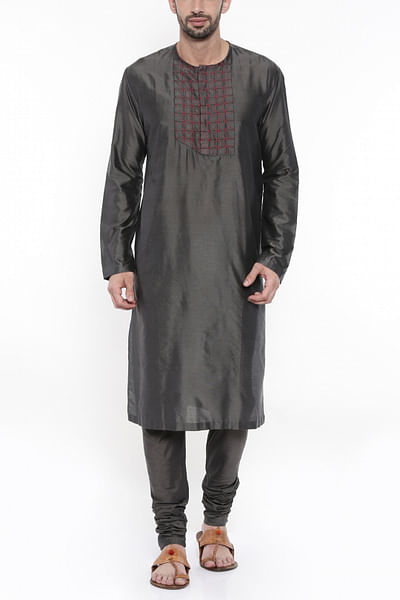 Charcoal grey embroidered kurta