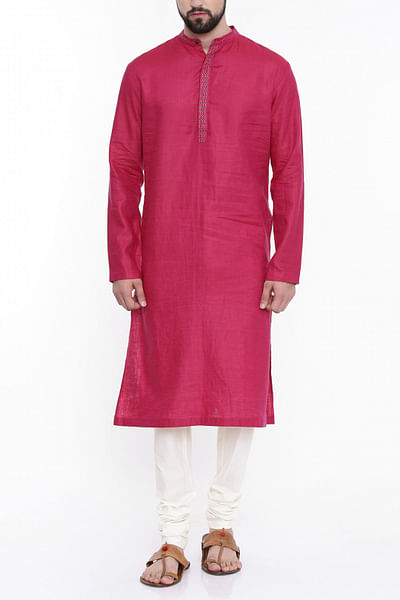 Pink embroidered linen kurta set