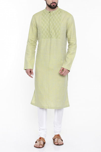 Green yellow linen kurta set