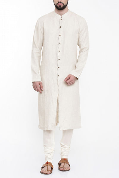 Beige linen embroidered kurta set