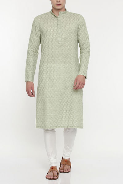 Green printed linen kurta