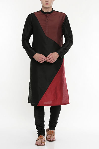 Black & maroon colour blocked kurta set