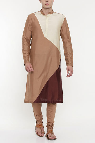 Beige & brown colour blocked kurta set