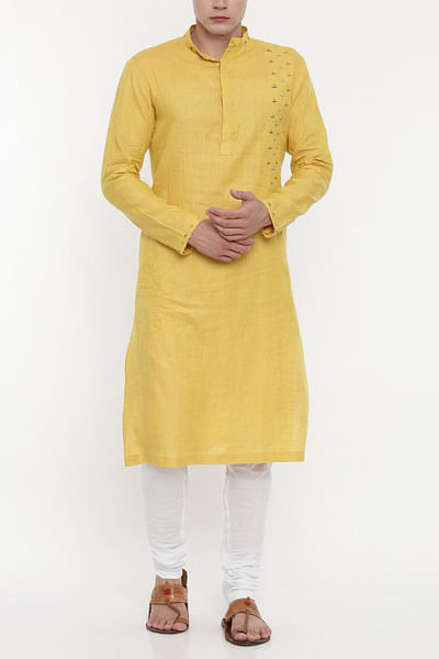 Yellow embroidered linen kurta