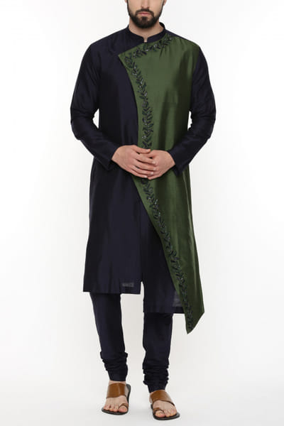 Green and blue embroidered kurta set