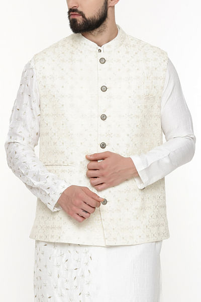 Ivory chanderi embroidered Nehru jacket