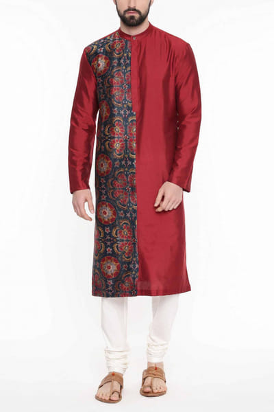 Red silk printed kurta set